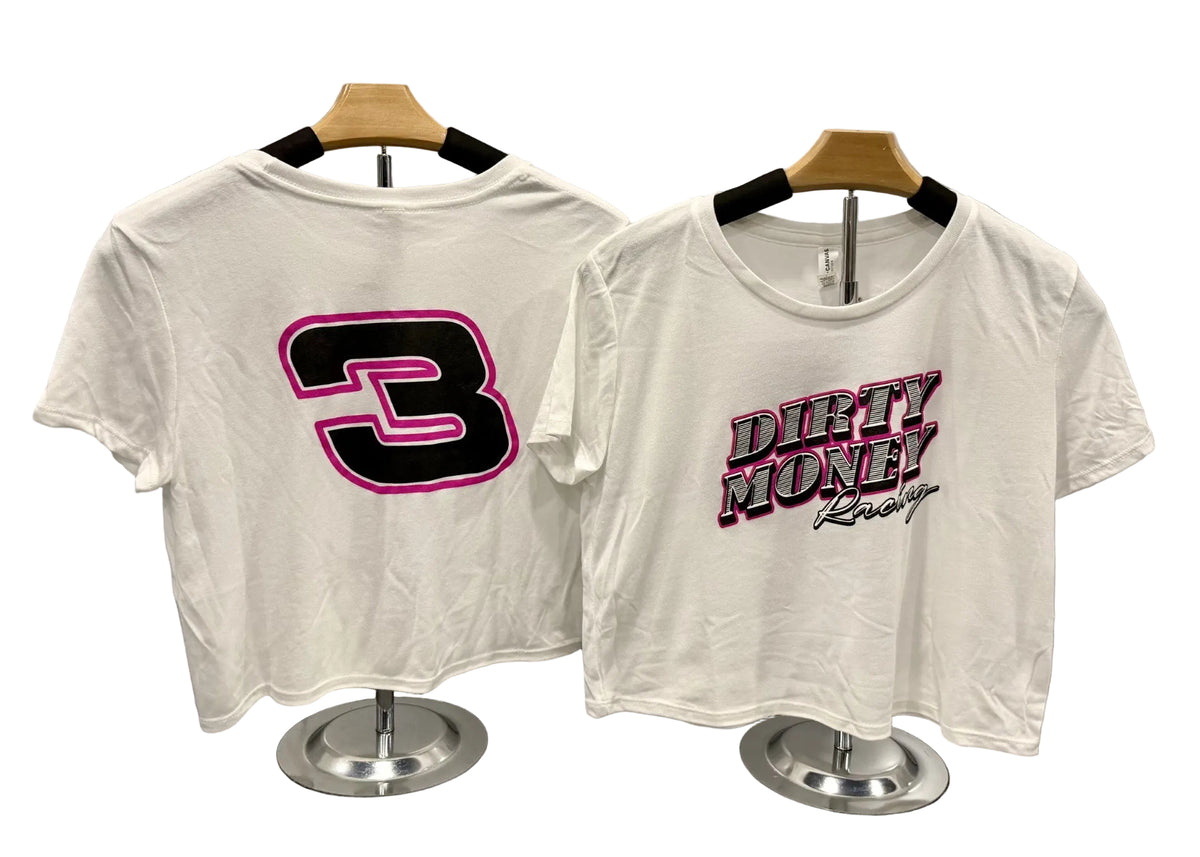 Dirty Money Racing Crop T-shirt - White w/Pink Logo